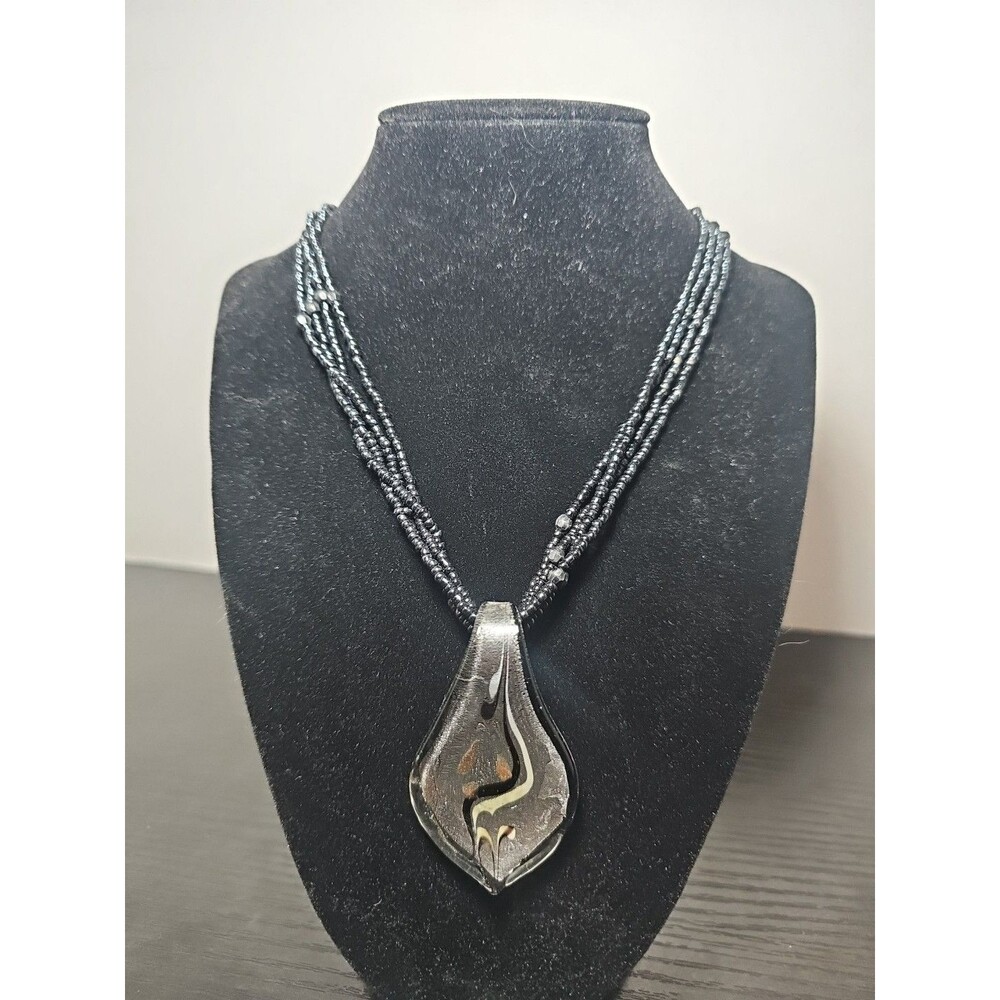 Multi-Strand Black Bead Necklace with a Large Teardrop-Shaped Pendant Y2K